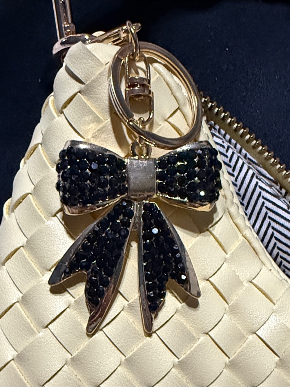 Gold Tone Black Crystal Bow Keychain/Bag Charm